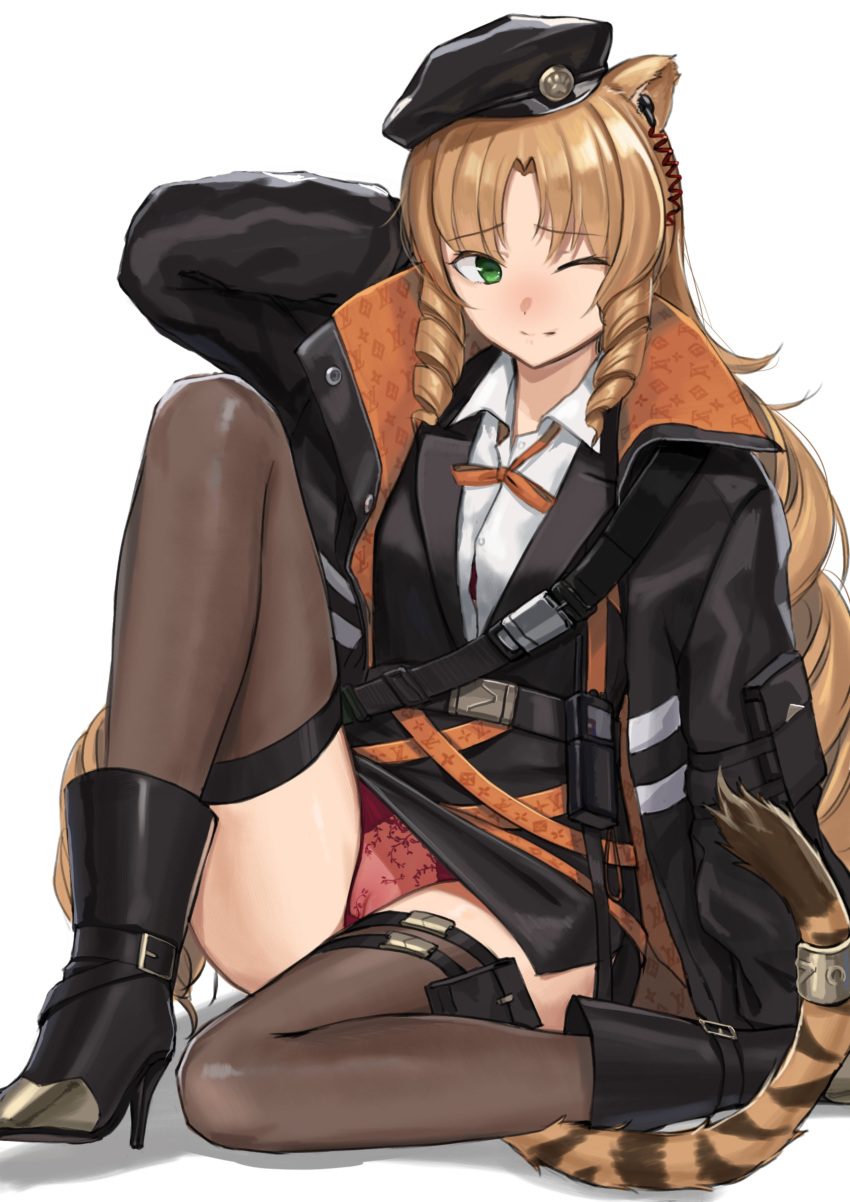 1girl absurdres animal_ears arknights bangs belt beret black_belt black_footwear black_headwear black_jacket black_legwear black_skirt blonde_hair boots collared_shirt drill_hair drill_locks eyebrows_visible_through_hair green_eyes hat high_heel_boots high_heels highres jacket kuro_(zhurunbo1997) long_hair long_sleeves one_eye_closed open_clothes open_jacket panties pantyshot red_panties shirt side_drill simple_background skirt solo swire_(arknights) tail tail_ring thigh-highs thigh_pouch tiger_ears tiger_tail underwear white_background white_shirt