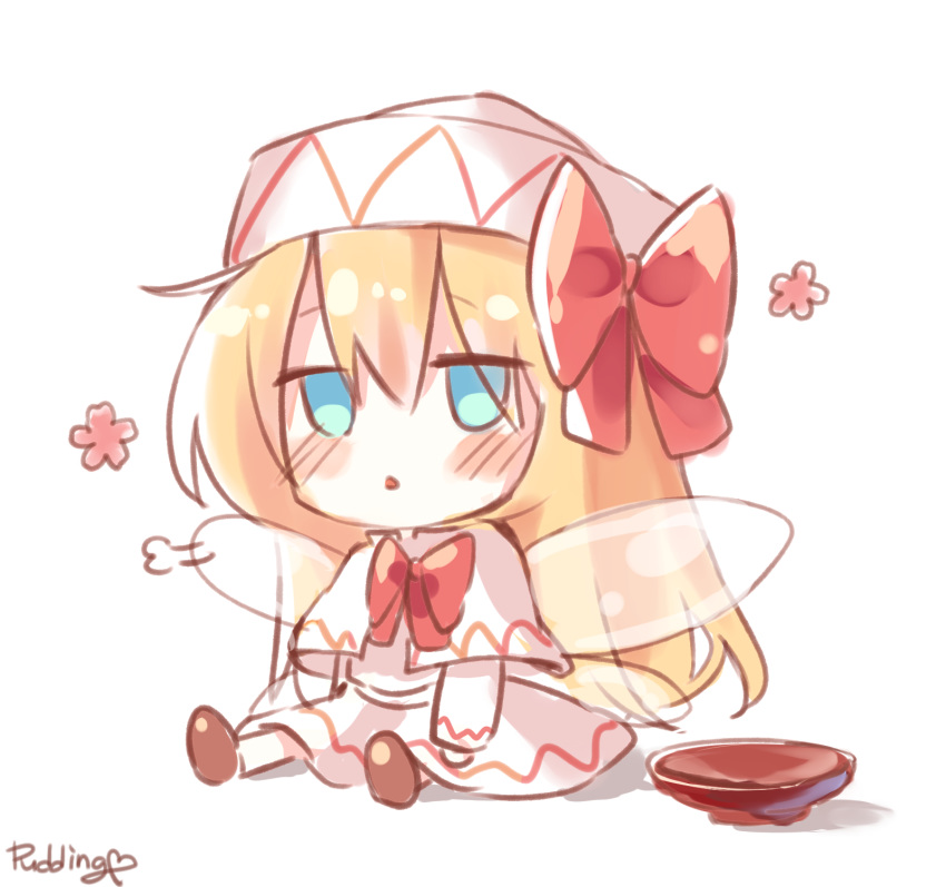 1girl artist_name bangs blonde_hair blue_eyes blush bow bowl bowtie brown_footwear capelet chibi dress eyebrows_visible_through_hair fairy_wings flower hair_between_eyes hat hat_bow highres lily_white long_hair long_sleeves looking_away open_mouth pudding_(skymint_028) red_bow red_neckwear sigh signature simple_background sitting solo touhou white_background white_capelet white_dress white_headwear white_sleeves wings