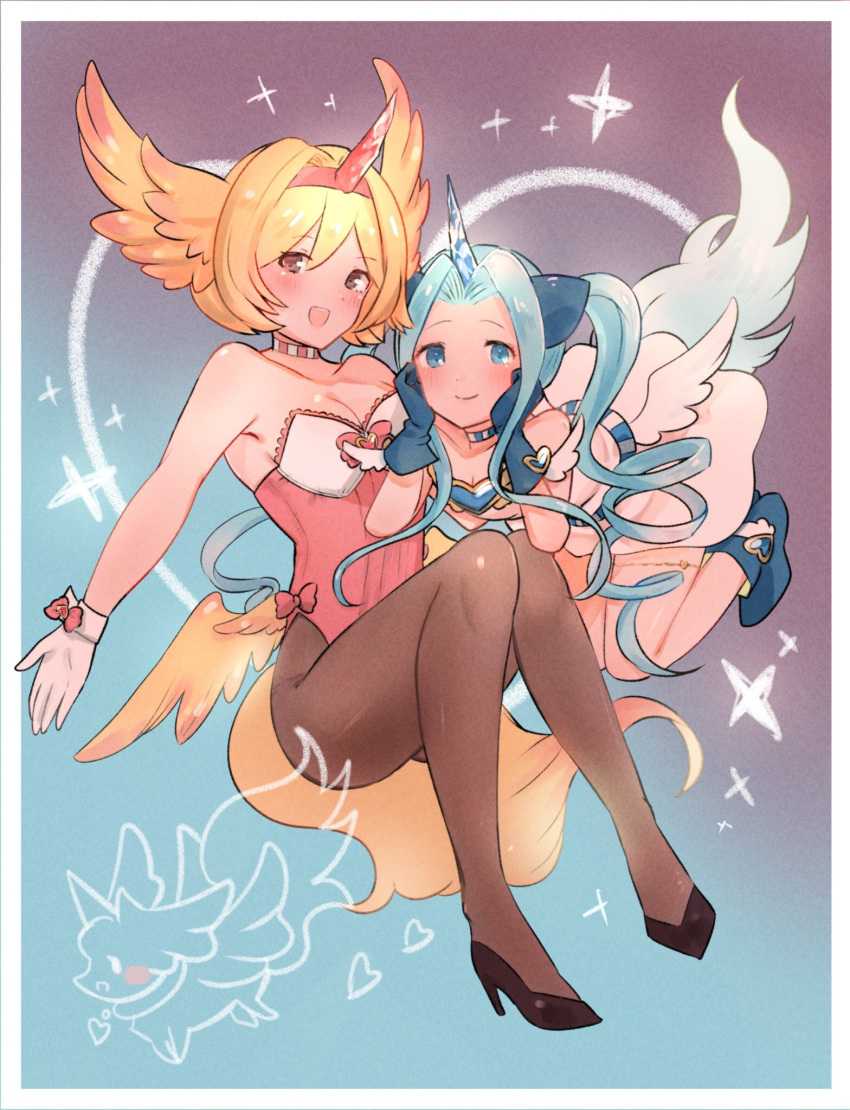 2girls adapted_costume alternate_costume bangs bare_shoulders blonde_hair blue_eyes blue_hair brown_eyes bunnysuit carbuncle_(granblue_fantasy) carbuncle_(granblue_fantasy)_(cosplay) choker cosplay djeeta_(granblue_fantasy) drill_hair feathered_wings gloves granblue_fantasy head_wings high_heels highres horns long_hair lyria_(granblue_fantasy) multiple_girls nakonbu pantyhose short_hair sidelocks single_horn tail very_long_hair wings