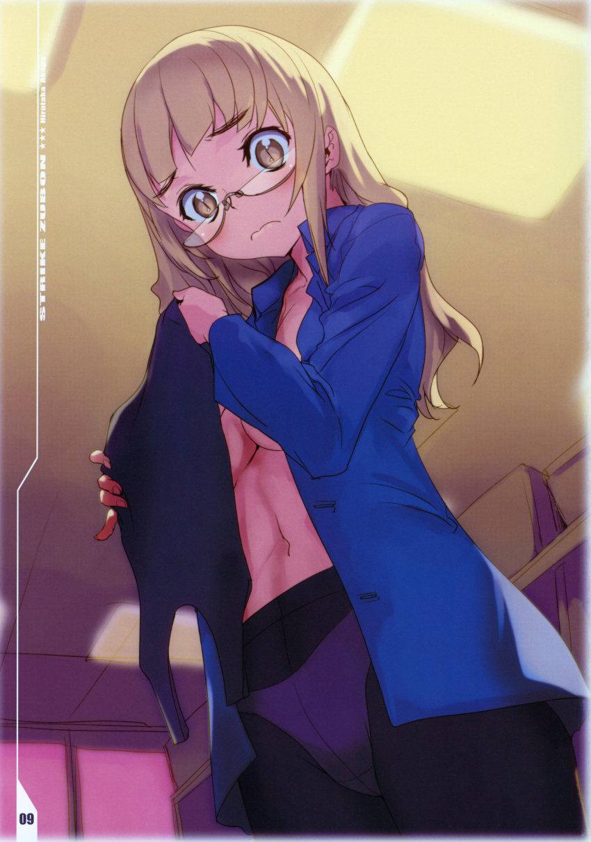 1girl absurdres akaga_hirotaka black_legwear blonde_hair blue_swimsuit blush breasts closed_mouth collarbone glasses highres huge_filesize indoors jacket large_breasts long_hair military military_uniform navel no_bra open_clothes open_jacket panties panties_under_pantyhose pantyhose perrine_h_clostermann school_swimsuit solo standing strike_witches swimsuit underwear uniform white_panties world_witches_series yellow_eyes