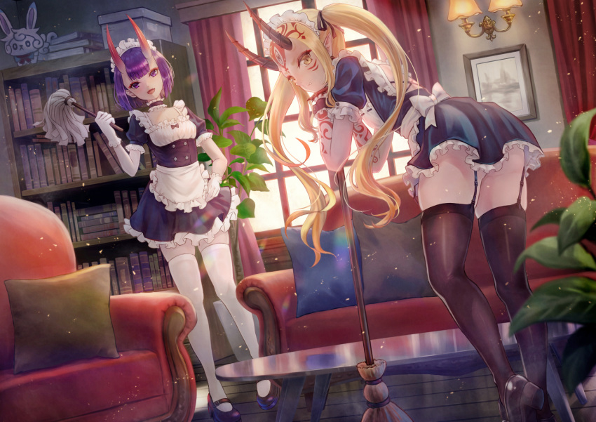 2girls alternate_costume apron ass backlighting bangs black_dress black_footwear black_legwear blonde_hair blush bob_cut bookshelf breasts broom coffee_table collarbone couch curtains cushion dress duster enmaided eyeliner facial_mark fang fang_out fangs fate/grand_order fate_(series) forehead forehead_mark fou_(fate/grand_order) frills garter_straps gloves hair_pulled_back highres horns ibaraki_douji_(fate/grand_order) long_hair looking_at_viewer maid maid_headdress makeup multiple_girls oni oni_horns open_mouth picture_frame plant pointy_ears potted_plant puffy_short_sleeves puffy_sleeves purple_hair revision riyo_(lyomsnpmp)_(style) short_eyebrows short_hair short_sleeves shuten_douji_(fate/grand_order) sidelocks skin-covered_horns small_breasts tattoo thigh-highs tsukizaki_shizuka twintails violet_eyes waist_apron white_apron white_gloves white_legwear window wrist_cuffs yellow_eyes
