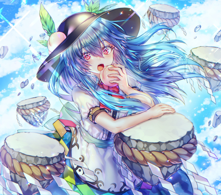 1girl apron bangs black_headwear blue_hair blue_skirt bow bowtie clouds dress_shirt eating eyebrows_visible_through_hair floating floating_hair floating_object food fruit green_sash hat here_(hr_rz_ggg) highres hinanawi_tenshi keystone leaf long_hair looking_at_viewer neck_ribbon peach puffy_short_sleeves puffy_sleeves rainbow_gradient rainbow_order red_bow red_eyes ribbon rope sash shimenawa shirt short_sleeves skirt sky stone touhou white_shirt