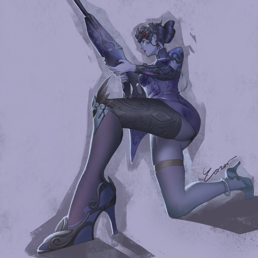 1girl anklet ass black_nails brown_eyes butt_crack from_below gun high_heels highres holding holding_gun holding_weapon jewelry looking_down one_knee overwatch purple_skin rifle sniper_rifle solo tied_hair weapon widowmaker_(overwatch) zoner