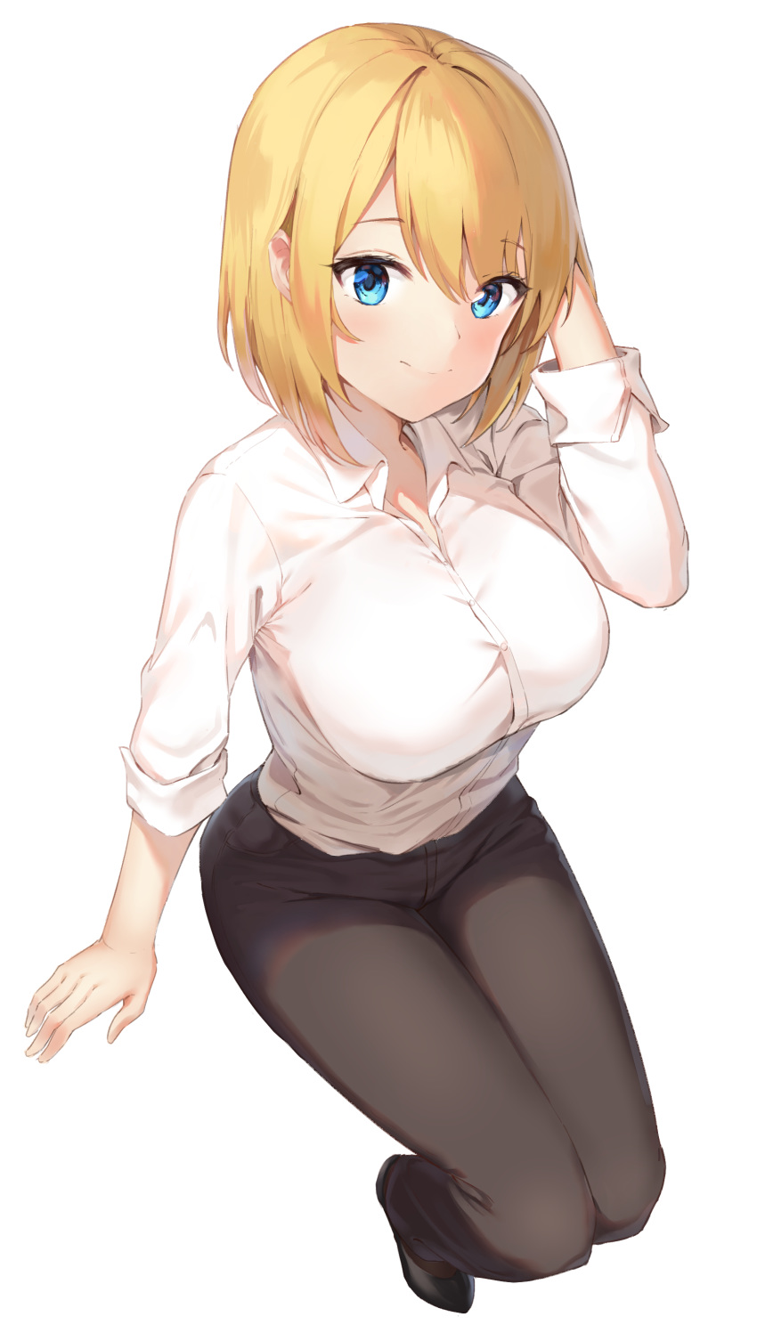 1girl absurdres arm_support arm_up bangs blonde_hair blue_eyes blush breasts dress_shirt from_above hair_between_eyes highres impossible_clothes impossible_shirt large_breasts legs_together looking_at_viewer looking_up office_lady original pants partially_unbuttoned shirt shoes simple_background sitting sleeves_folded_up smile solo taut_clothes taut_shirt ym_(pixiv2132273)