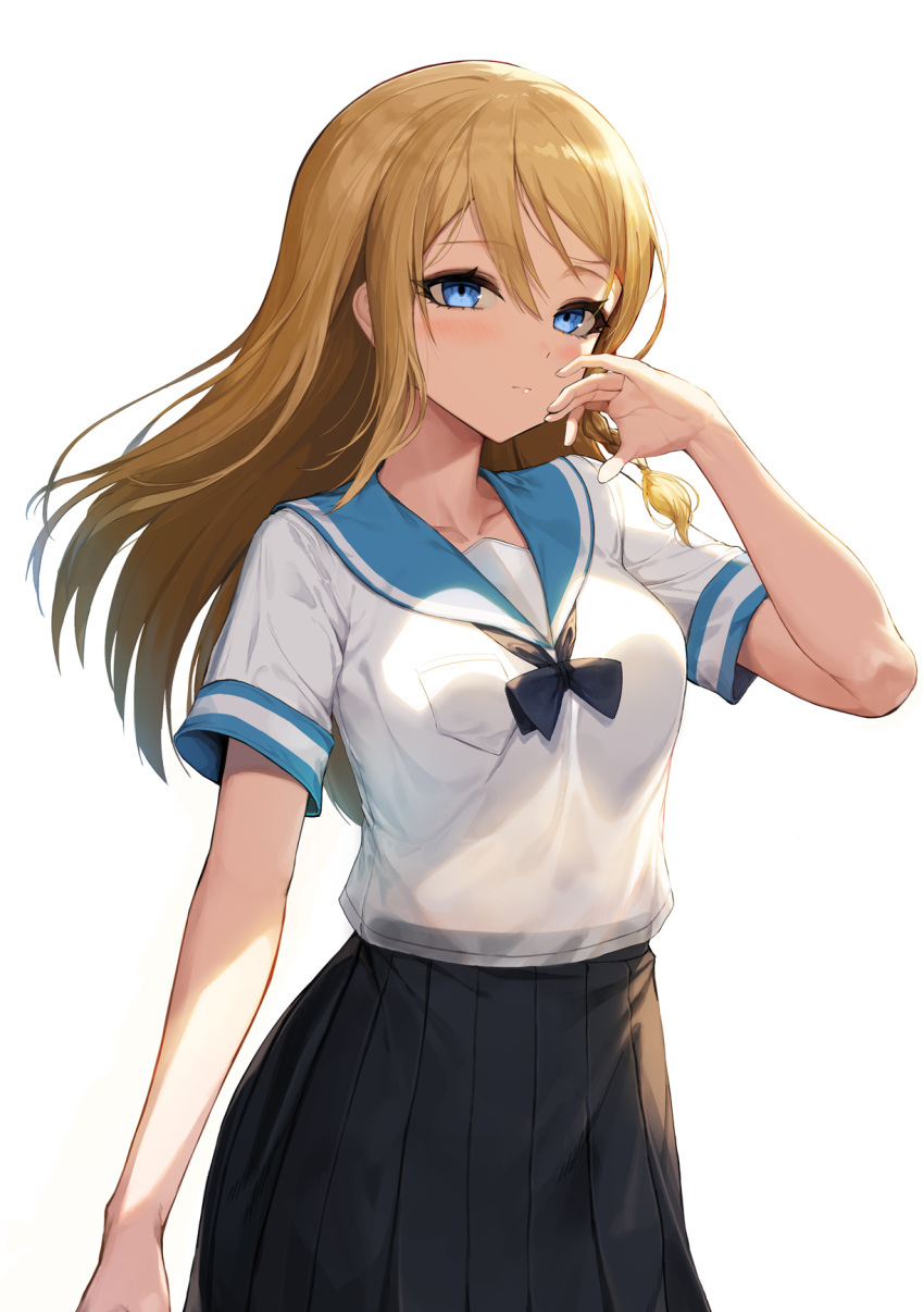 1girl alternate_hairstyle black_bow black_skirt blonde_hair blue_eyes bow breast_pocket breasts closed_mouth commentary_request expressionless eyebrows_visible_through_hair greem_bang hayasaka_ai highres kaguya-sama_wa_kokurasetai_~tensai-tachi_no_renai_zunousen~ large_breasts long_hair looking_at_viewer pleated_skirt pocket short_sleeves skirt solo