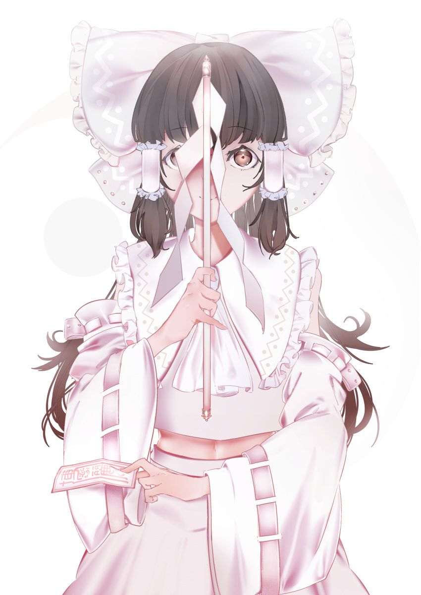 1girl absurdres alternate_color ascot bangs black_hair bow brown_eyes commentary_request covering_face cowboy_shot eyebrows frilled_shirt_collar frills gohei hair_bow hair_tubes hakurei_reimu hand_up highres holding large_bow long_hair long_sleeves looking_at_viewer maimuro midriff midriff_peek navel ofuda partial_commentary ribbon ribbon-trimmed_sleeves ribbon_trim shirt sidelocks skirt skirt_set sleeveless sleeveless_shirt smile solo touhou white_background white_bow white_neckwear white_ribbon white_shirt white_skirt white_theme wide_sleeves yin_yang