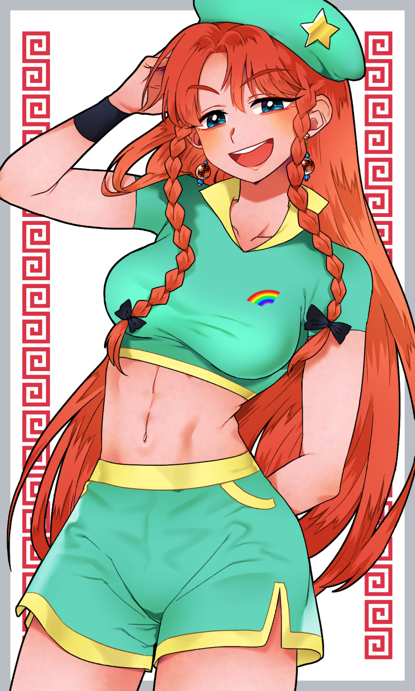 1girl alternate_costume arm_behind_back arm_up bangs blue_eyes border braid breasts bright_pupils commentary cowboy_shot crop_top drop_earrings earrings eyebrows_visible_through_hair flat_cap green_shirt green_shorts grey_border hair_ribbon hand_behind_head hat highres hong_meiling jewelry large_breasts leaning_to_the_side long_hair looking_at_viewer mito_(mo96g) navel open_mouth parted_bangs rainbow_print redhead ribbon shirt short_sleeves shorts simple_background solo standing star_(symbol) touhou tress_ribbon twin_braids upper_teeth very_long_hair white_background white_pupils