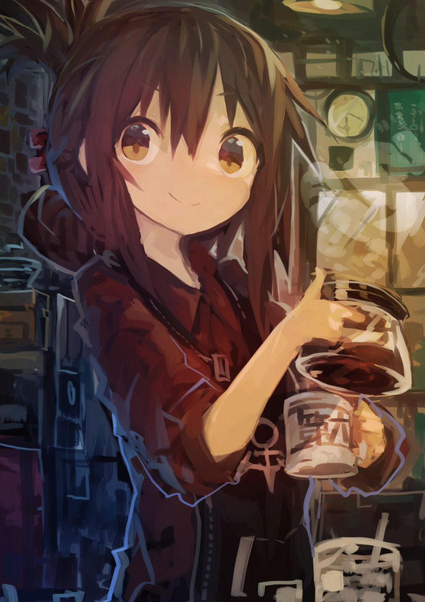 1girl absurdres alternate_costume anchor_symbol apron black_apron brown_eyes brown_hair coffee coffee_mug collared_shirt cup eyebrows_visible_through_hair folded_ponytail hair_between_eyes highres holding holding_cup inazuma_(kantai_collection) kaamin_(mariarose753) kantai_collection long_hair looking_at_viewer mug red_shirt shirt smile solo upper_body