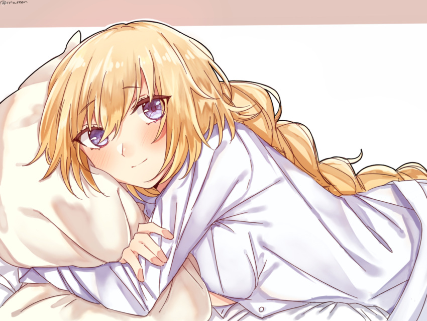 1girl bangs bed_sheet blonde_hair blue_eyes blush braid braided_ponytail closed_mouth crossed_arms dress_shirt eyebrows_visible_through_hair fate/apocrypha fate_(series) hair_between_eyes jeanne_d'arc_(fate) jeanne_d'arc_(fate)_(all) long_hair long_sleeves looking_at_viewer lying on_side pillow pillow_hug ponytail shiny shiny_hair shirt simple_background smile solo under_covers upper_body very_long_hair white_background white_shirt yukari_(bryleluansing)
