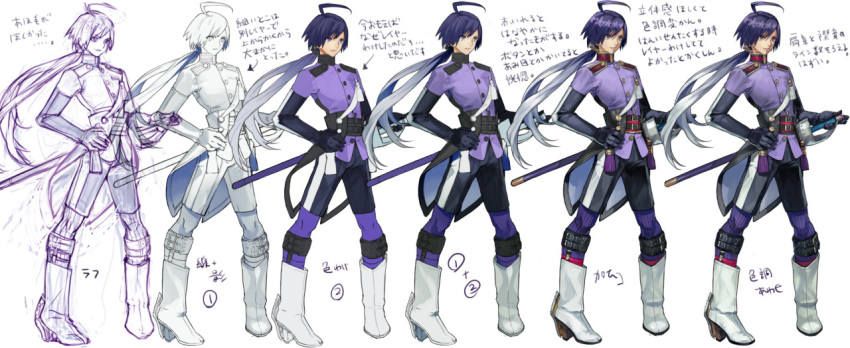 ahoge black_gloves boots buttons elbow_gloves flat_color full_body gloves gradient_hair grey_hair greyscale hand_on_hilt hand_on_hip high_heel_boots high_heels how_to long_hair low_ponytail male_focus military military_uniform monochrome multicolored_hair nishihara_isao original purple_hair sheath sheathed shorts sketch smile sock_garters standing striped striped_legwear sword tassel translation_request uniform vertical-striped_legwear vertical_stripes violet_eyes weapon white_footwear work_in_progress