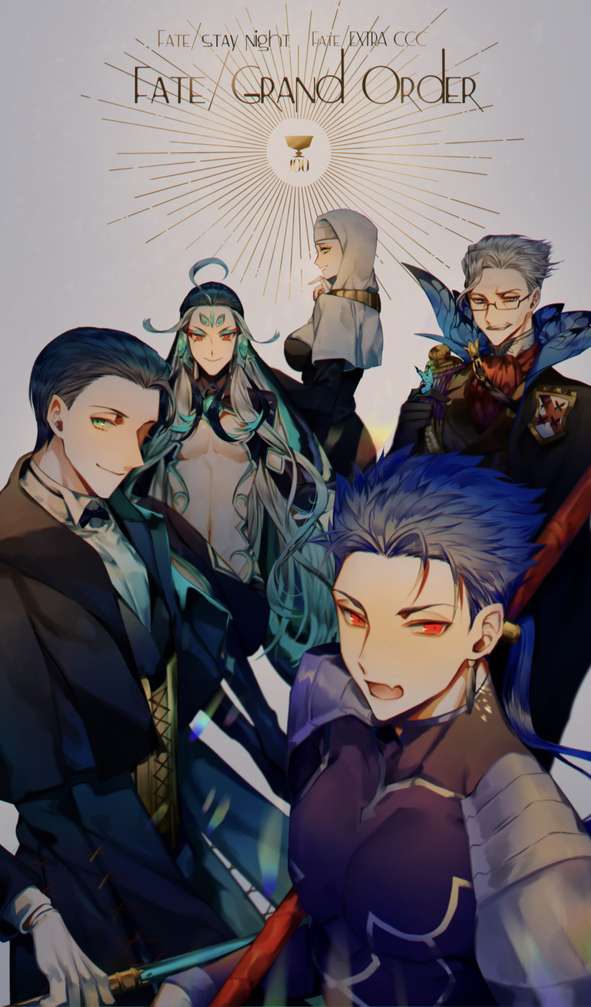 1girl 4boys absurdres ahoge albino_(a1b1n0623) bangs black_hair blue_eyes blue_hair blush breasts bug butterfly cane chest copyright_name cu_chulainn_(fate)_(all) earrings english_text eyeshadow fabulous facial_hair facial_mark fang fate/extra fate/extra_ccc fate/grand_order fate_(series) forehead_jewel forehead_mark formal gae_bolg glasses gloves green_eyes grey_hair hair_slicked_back highres holding holy_grail_(fate) insect jacket james_moriarty_(fate/grand_order) jewelry lancer large_breasts light_smile long_hair long_sleeves looking_at_viewer makeup male_focus multicolored_hair multiple_boys mustache navel number nun open_mouth parted_bangs polearm ponytail qin_shi_huang_(fate/grand_order) red_eyes revealing_clothes sesshouin_kiara sherlock_holmes_(fate/grand_order) shiny shiny_hair short_hair smile smirk spear tight two-tone_hair upper_body very_long_hair vest weapon white_hair white_headwear yellow_eyes