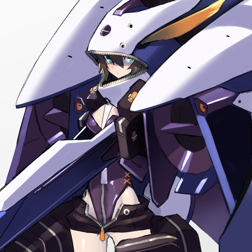 1girl advance_of_zeta bag brown_hair commentary_request full_body green_eyes gundam highres kehaar_ii looking_at_viewer mecha_musume nadare-san_(nadare3nwm) shield short_shorts shorts solo thigh-highs tr-6_woundwort unzipped white_background zipper