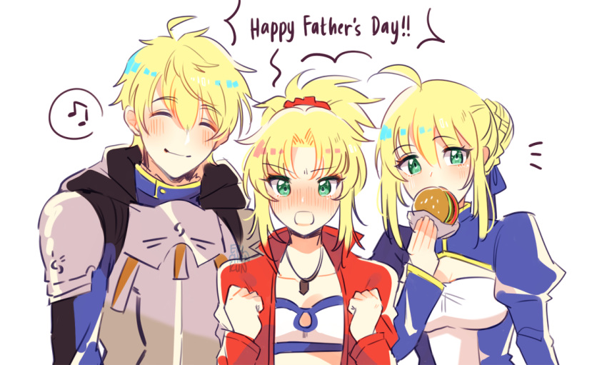 1boy 2girls ahoge armor arthur_pendragon_(fate) artoria_pendragon_(all) bandeau bangs blonde_hair blue_dress blush braid breastplate breasts closed_eyes closed_mouth coll_(erichankun) collarbone dress eating fate/apocrypha fate/prototype fate/stay_night fate_(series) food french_braid green_eyes hair_ornament hair_scrunchie hamburger jacket long_hair long_sleeves looking_at_viewer mordred_(fate) mordred_(fate)_(all) multiple_girls musical_note open_clothes open_jacket open_mouth pauldrons ponytail red_jacket red_scrunchie saber scrunchie short_hair shoulder_armor small_breasts smile