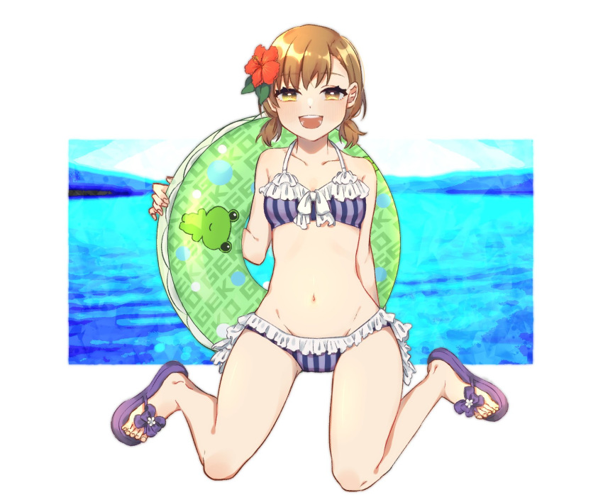 1girl alternate_hairstyle bikini brown_eyes brown_hair collarbone commentary_request flower frilled_bikini frills gekota green_innertube groin hair_flower hair_ornament highres innertube looking_at_viewer low_twintails mashu_(masyu_ut) misaka_mikoto open_mouth purple_bikini round_teeth sandals short_hair sitting smile solo striped striped_bikini swimsuit teeth to_aru_kagaku_no_railgun to_aru_majutsu_no_index twintails upper_teeth wariza