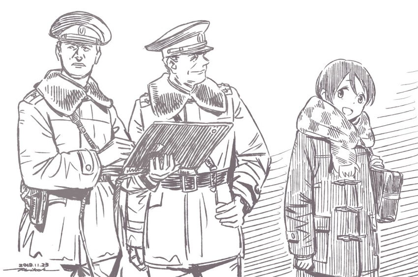1girl 2boys bag brown_theme character_request closed_mouth coat dated hat horikou military military_jacket military_uniform monochrome multiple_boys parted_lips peaked_cap real_life scarf shoulder_bag signature smile soldier soviet soviet_union uniform yurucamp