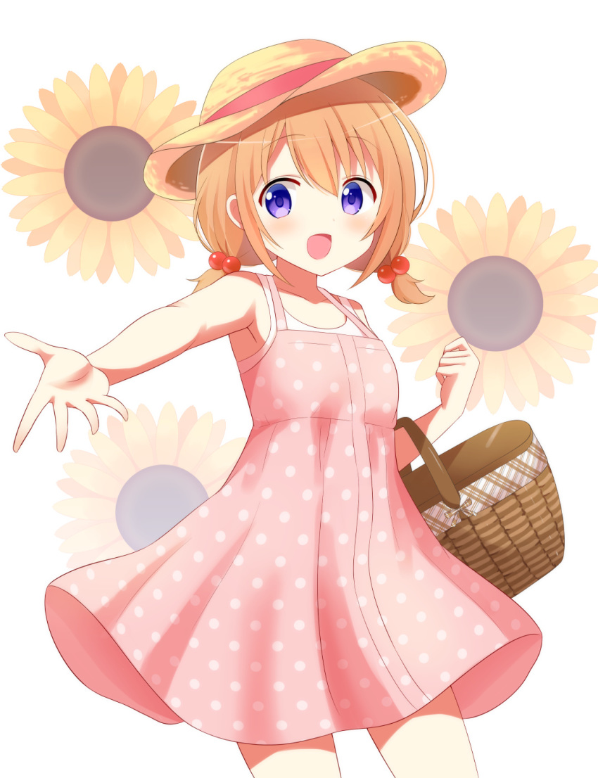 1girl :d basket dress eyebrows_visible_through_hair flower furutori gochuumon_wa_usagi_desu_ka? hair_ornament hat highres hoto_cocoa open_mouth orange_hair short_hair smile solo sun_hat sundress sunflower violet_eyes