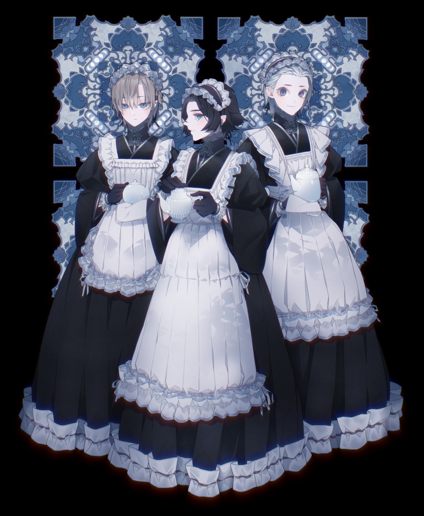 3girls absurdres black_gloves black_hair blue_eyes blush brown_hair closed_mouth dress frills gloves grey_hair hair_between_eyes highres holding holding_teapot maid maid_headdress multiple_girls original pinafore_dress short_hair smile teapot tobacco_(tabakokobata) turtleneck violet_eyes