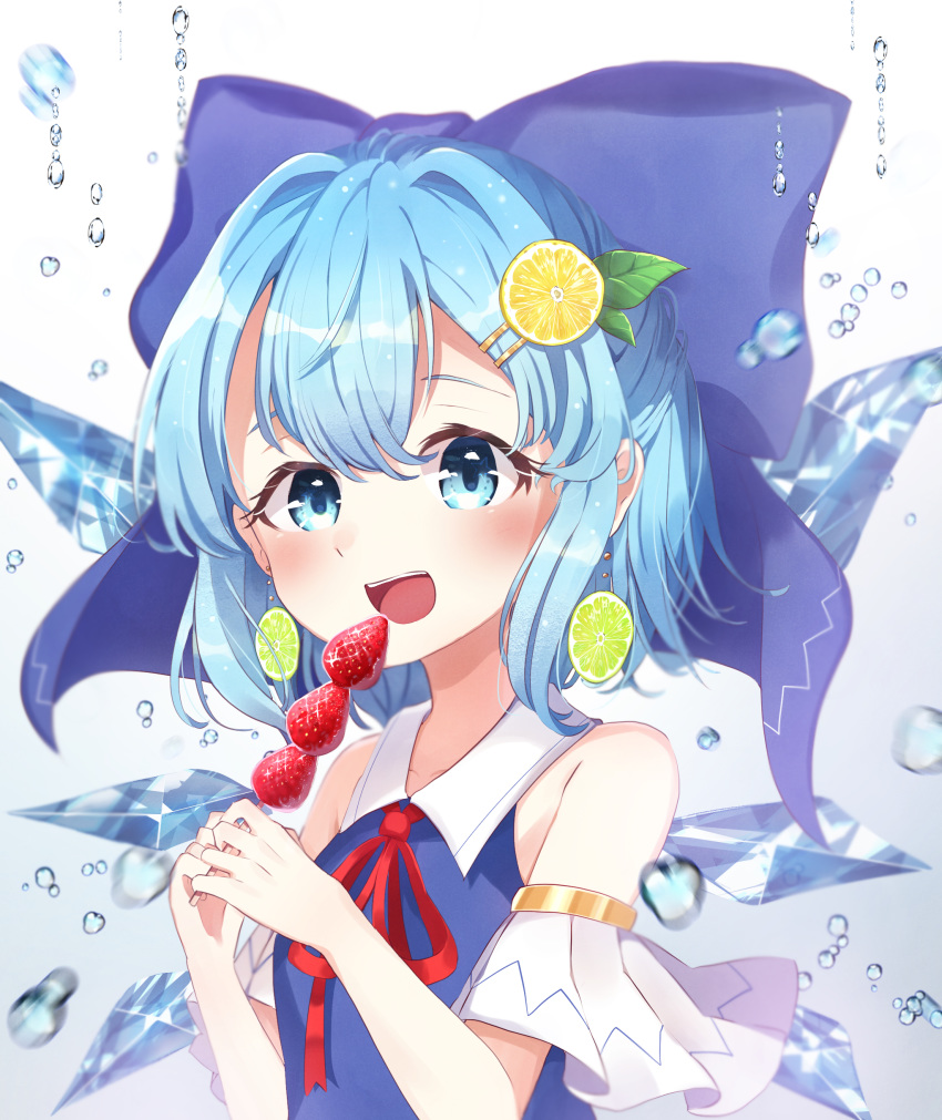 absurdres ametama_(runarunaruta5656) bangs bare_shoulders blue_dress blue_eyes blue_hair blue_ribbon blue_shirt blush bow cirno collarbone collared_shirt detached_sleeves dress food food_on_head fruit fruit_on_head hair_bow hair_ornament highres ice ice_wings leaf lemon lime_slice object_on_head open_mouth red_bow red_ribbon ribbon shirt short_hair strawberry touhou upper_body water_drop wing_collar wings