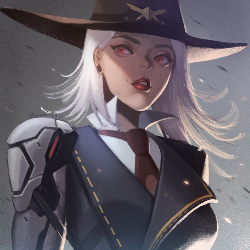 1girl ashe_(overwatch) cowboy_hat hat highres lipstick looking_down makeup medium_hair mole necktie overwatch prosthesis prosthetic_arm red_eyes red_lipstick red_neckwear solo white_hair zoner