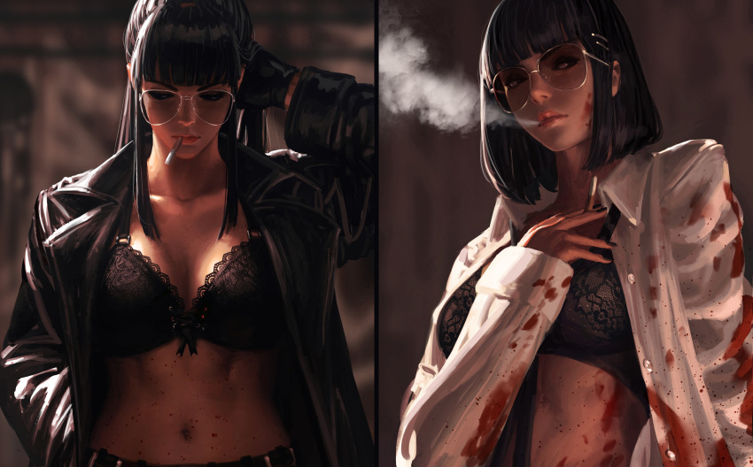 2girls absurdres bangs black_bra black_eyes black_hair black_jacket blood blood_on_face blood_splatter bloody_clothes blunt_bangs blurry blurry_background bra breasts cigarette closed_eyes closed_mouth dress_shirt glasses gloves guweiz hair_ornament hairclip highres holding holding_cigarette jacket lips long_hair looking_to_the_side medium_breasts multiple_girls navel necktie open_clothes open_jacket open_shirt original shirt short_hair smoking underwear white_shirt