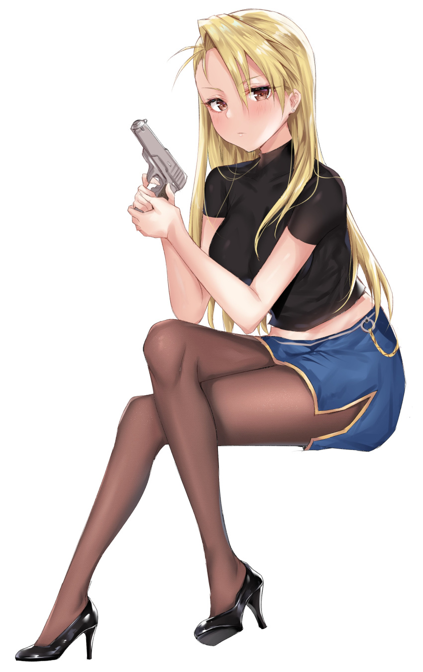 1girl absurdres bangs black_footwear black_shirt blonde_hair blue_skirt blush breasts brown_eyes brown_legwear closed_mouth coffeedog fullmetal_alchemist gun high_heels highres large_breasts legs long_hair looking_at_viewer pantyhose riza_hawkeye shirt short_sleeves simple_background skirt weapon