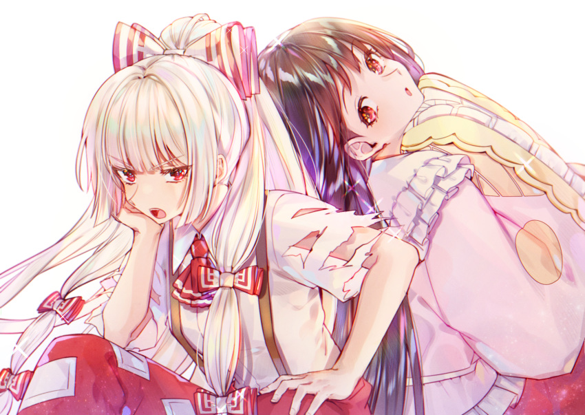 2girls angry bangs black_hair bow collar collared_shirt commentary dress eyebrows_visible_through_hair frilled_collar frilled_dress frilled_sleeves frills fujiwara_no_mokou hair_bow hand_on_own_face here_(hr_rz_ggg) highres hime_cut houraisan_kaguya long_hair long_sleeves looking_at_another multiple_girls multiple_hair_bows ofuda open_mouth pants pink_shirt ponytail red_eyes red_neckwear red_pants red_skirt ribbon shirt shoes short_hair sidelocks skirt suspenders torn_clothes torn_sleeves touhou white_background white_bow white_hair white_shirt wide_sleeves wing_collar