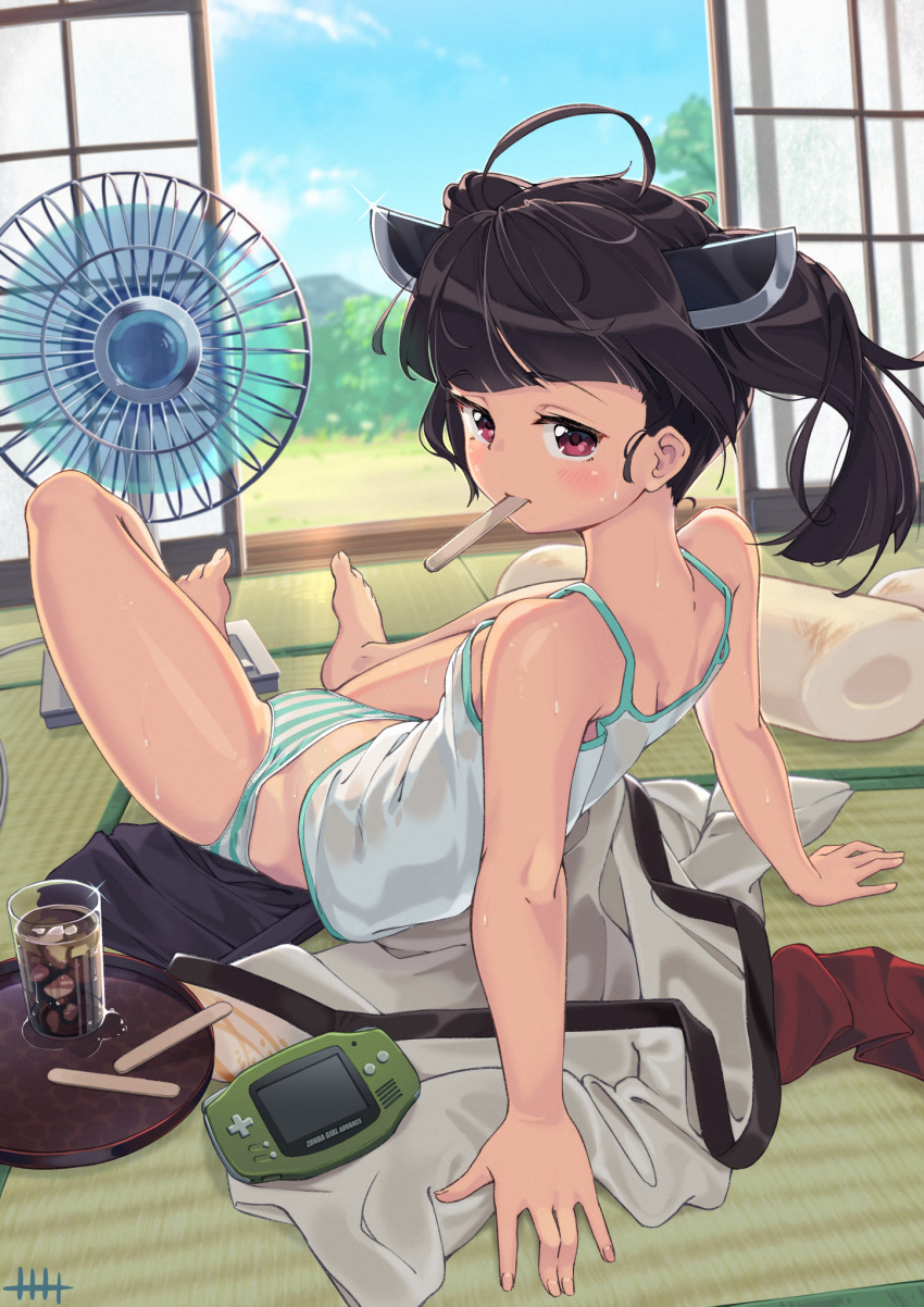 1girl ahoge arm_support bangs bare_legs bare_shoulders barefoot black_hair black_skirt blunt_bangs blush breasts camisole commentary_request cup day drinking_glass electric_fan from_behind full_body glint hair_ornament highres hitogata_ningen ice ice_cube iced_tea indoors japanese_clothes kimono kimono_removed leaning_back long_hair looking_at_viewer looking_back mouth_hold on_floor panties popsicle_stick sitting skirt skirt_removed sliding_doors small_breasts solo spread_legs striped striped_panties tatami touhoku_kiritan tray twintails underwear underwear_only violet_eyes voiceroid white_kimono