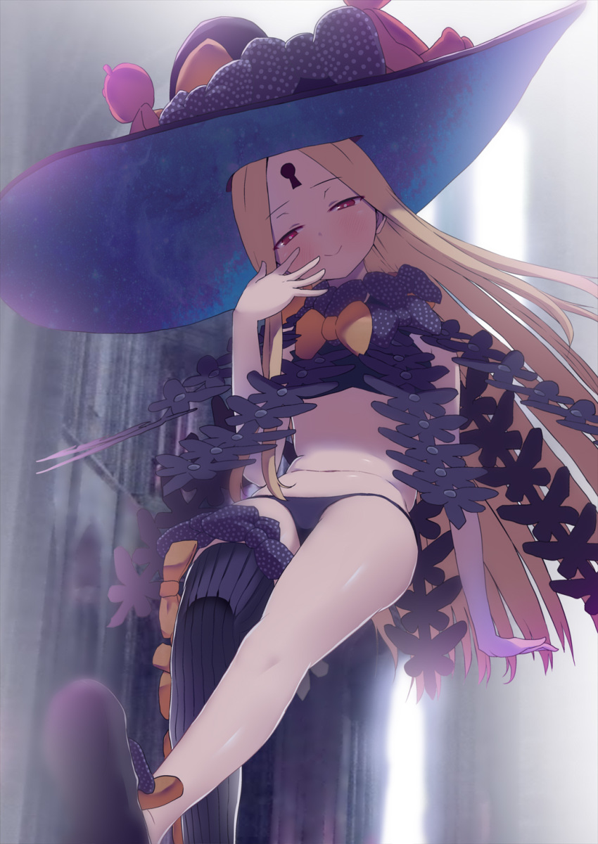 1girl abigail_williams_(fate/grand_order) ashino_moto bangs bare_shoulders black_bow black_footwear black_headwear black_legwear black_panties blonde_hair bow breasts closed_mouth fate/grand_order fate_(series) forehead hat highres keyhole legs long_hair looking_at_another multiple_bows navel orange_bow panties parted_bangs red_eyes single_thighhigh small_breasts smile stuffed_animal stuffed_toy teddy_bear thigh-highs underwear witch_hat