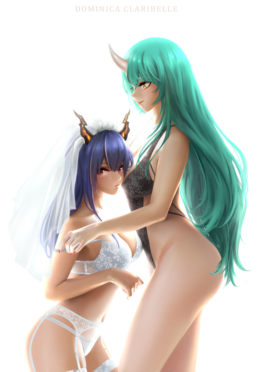 2girls absurdres alternate_hairstyle arknights bangs bare_arms bare_shoulders blue_hair bra breasts bridal_veil ch'en_(arknights) commentary cowboy_shot dclaribelle dragon_horns english_commentary from_side garter_belt green_hair groin hair_down highres horns hoshiguma_(arknights) large_breasts lingerie long_hair looking_at_viewer multiple_girls nail_polish navel panties red_eyes red_nails simple_background single_horn smile standing stomach strap_slip thighs underwear underwear_only veil very_long_hair white_background white_bra white_panties yellow_eyes yuri