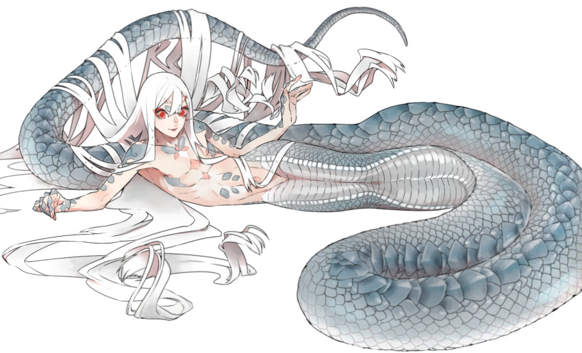 1boy albino collarbone hair_between_eyes japanese_mythology long_hair lying male_focus navel on_side original parted_lips red_eyes scales shirtless short_eyebrows simple_background snake snake_boy solo tobacco_(tabakokobata) very_long_hair white_background yatsu-no-kami