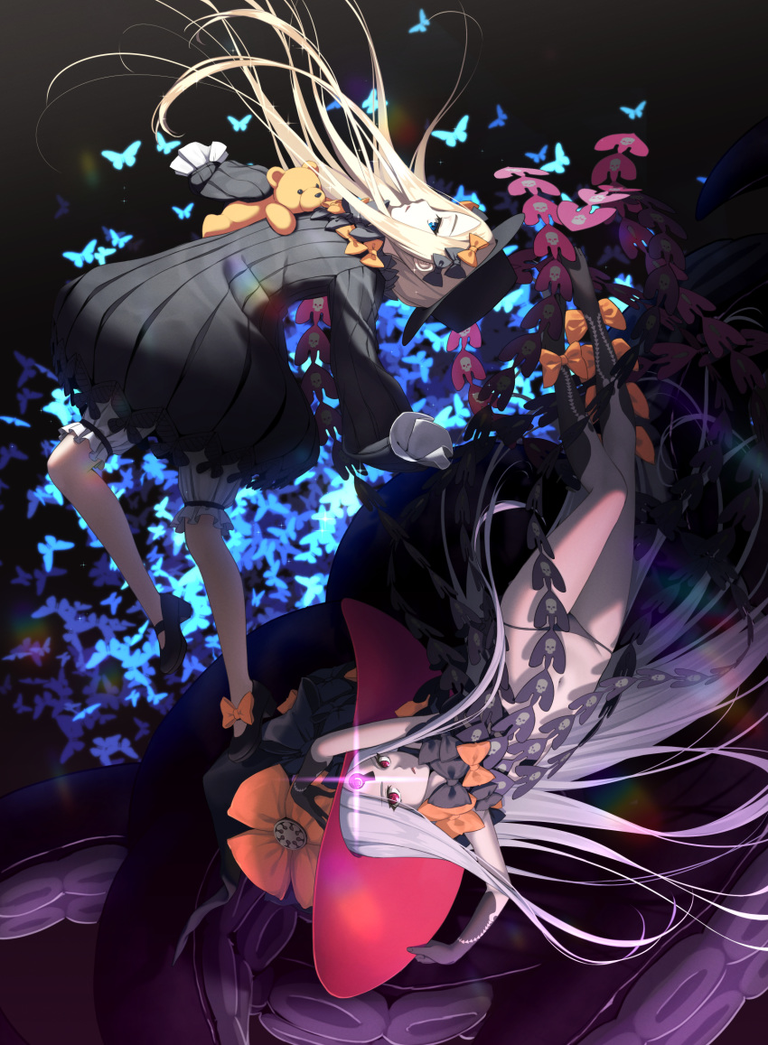 abigail_williams_(fate/grand_order) absurdres bangs bare_shoulders black_bow black_dress black_headwear black_panties blonde_hair blue_eyes bow breasts dress fate/grand_order fate_(series) forehead glowing glowing_eye hair_bow hat highres key keyhole long_hair multiple_bows multiple_hair_bows navel nyan_c orange_bow panties red_eyes revision ribbed_dress sleeves_past_fingers sleeves_past_wrists small_breasts smile staff stuffed_animal stuffed_toy teddy_bear third_eye underwear white_bloomers white_hair white_skin witch_hat