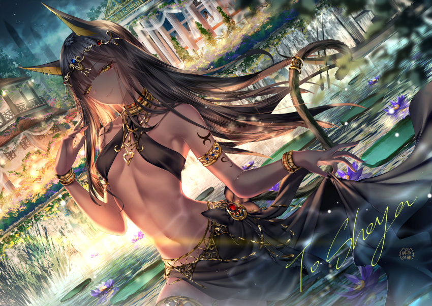 1girl absurdres animal_ears armlet bangs bare_shoulders black_hair black_skirt blunt_bangs borrowed_character bracelet breasts brown_hair cat_ears cat_tail closed_mouth collarbone commentary_request dark_skin egyptian eyebrows_visible_through_hair gem gold halterneck highres huge_filesize in_water jewelry junpaku_karen long_hair looking_at_viewer navel necklace original outdoors skirt small_breasts smile solo tail wading water yellow_eyes