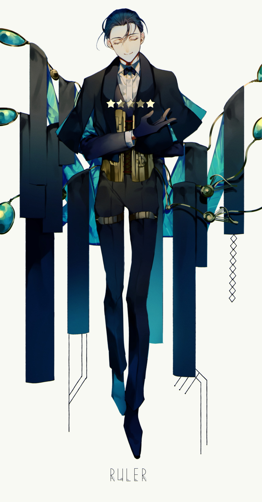 1boy absurdres albino_(a1b1n0623) bangs black_gloves black_hair black_suit bow bowtie closed_eyes english_text facing_viewer fate/grand_order fate_(series) formal full_body gloves hair_slicked_back highres long_sleeves magnifying_glass male_focus parted_bangs sherlock_holmes_(fate/grand_order) shiny shiny_hair shirt shoes smile solo star_(symbol) upper_body white_shirt