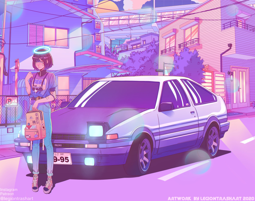 1girl absurdres backpack bag black_hair blue_eyes bob_cut camera_on_neck car ground_vehicle halo highres instagram_username looking_down mika_vas motor_vehicle original patreon_username sega short_hair solo toyota_sprinter_trueno