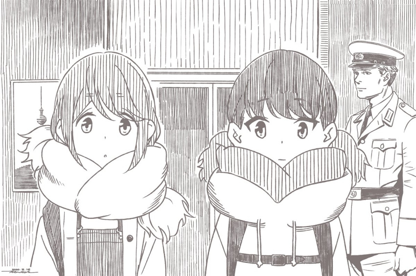 1boy 2girls :| belt breast_pocket character_request closed_mouth coat dated greyscale hat horikou long_sleeves looking_at_viewer military military_jacket military_uniform monochrome multiple_girls pants parted_lips peaked_cap pocket real_life scarf signature soldier soviet soviet_union twintails uniform winter_clothes winter_coat yurucamp