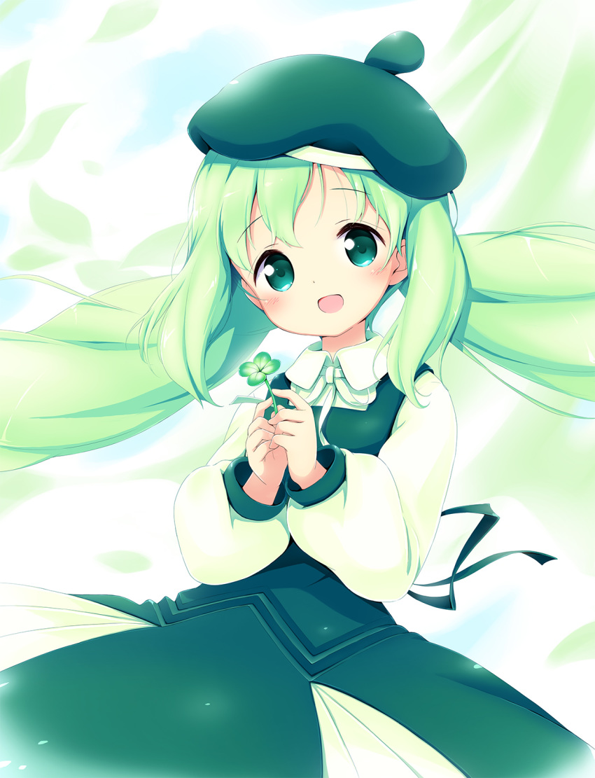 1girl :d aikei_ake bangs beret blush clover collared_shirt commentary_request dress eyebrows_visible_through_hair four-leaf_clover green_dress green_eyes green_hair green_headwear hat head_tilt highres holding long_hair long_sleeves looking_at_viewer neck_ribbon open_mouth original puffy_long_sleeves puffy_sleeves ribbon shirt sleeveless sleeveless_dress smile solo twintails very_long_hair white_ribbon white_shirt