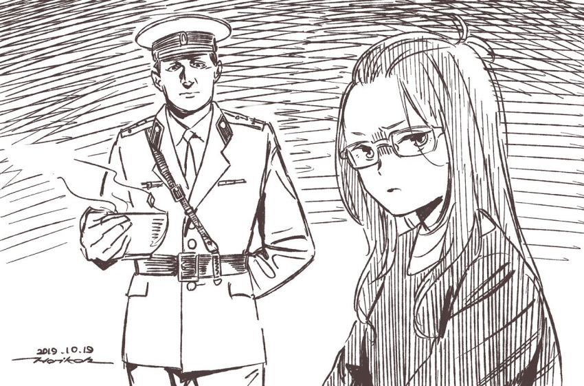 1boy 1girl bangs_pinned_back belt brown_theme closed_mouth dated furrowed_eyebrows glasses hat holding horikou kagamihara_sakura long_hair looking_at_viewer military military_jacket military_uniform monochrome parted_lips peaked_cap real_life shaded_face signature soldier soviet_union steam uniform yurucamp