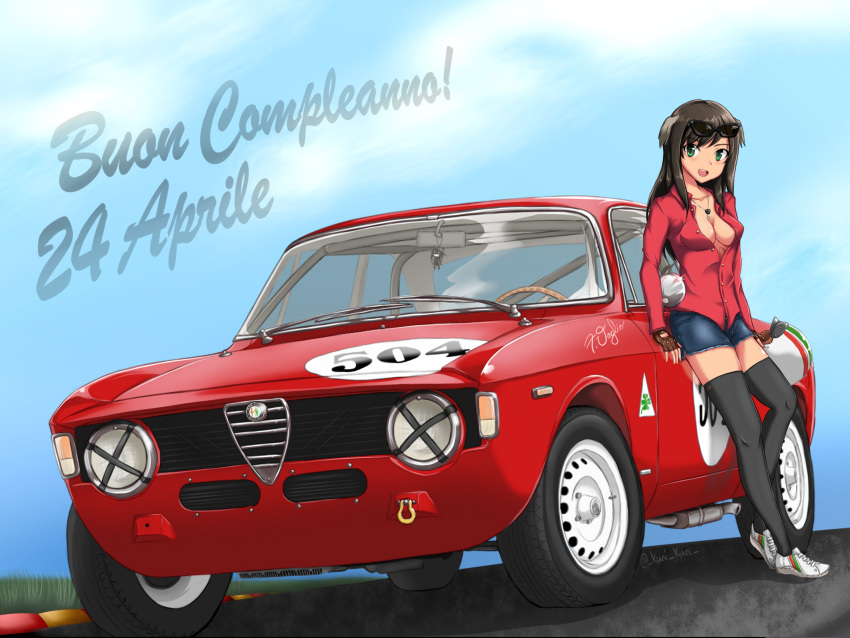 1girl absurdres alfa_romeo alfa_romeo_giulia animal_ears bangs black_hair black_legwear blue_shorts blue_sky breasts car character_name collared_shirt commentary cutoffs dark_skin dated day denim denim_shorts dog_ears english_commentary eyewear_on_head federica_n_doglio green_eyes ground_vehicle happy_birthday highres italian_flag italian_text jewelry kuni-kun long_hair long_sleeves looking_at_viewer medium_breasts motor_vehicle necklace open_mouth outdoors partially_unbuttoned red_shirt road shirt shoes short_shorts shorts sky smile sneakers solo standing sunglasses thigh-highs twitter_username white_footwear world_witches_series