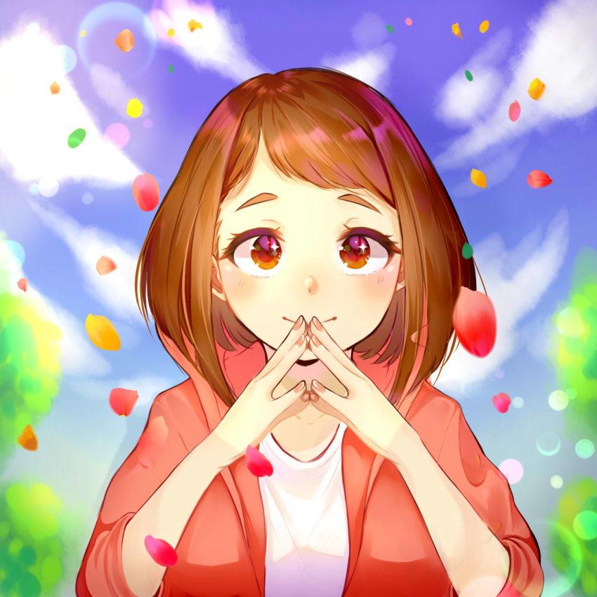 1girl blue_background blurry blurry_background blush boku_no_hero_academia brown_eyes brown_hair collarbone commentary_request fingers_together highres hood hooded_jacket jacket leaf looking_at_viewer pink_nails red_jacket shirt short_hair silvee smile solo upper_body uraraka_ochako white_shirt