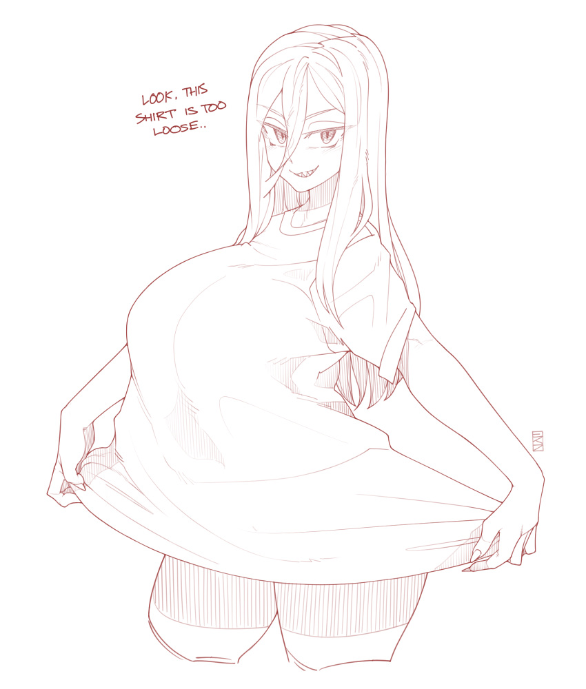 1girl baggy_clothes breasts cropped_legs ekz_(drawfag) english_text hair_between_eyes highres huge_breasts looking_at_viewer ms._ddd original pajamas_challenge shirt solo standing t-shirt