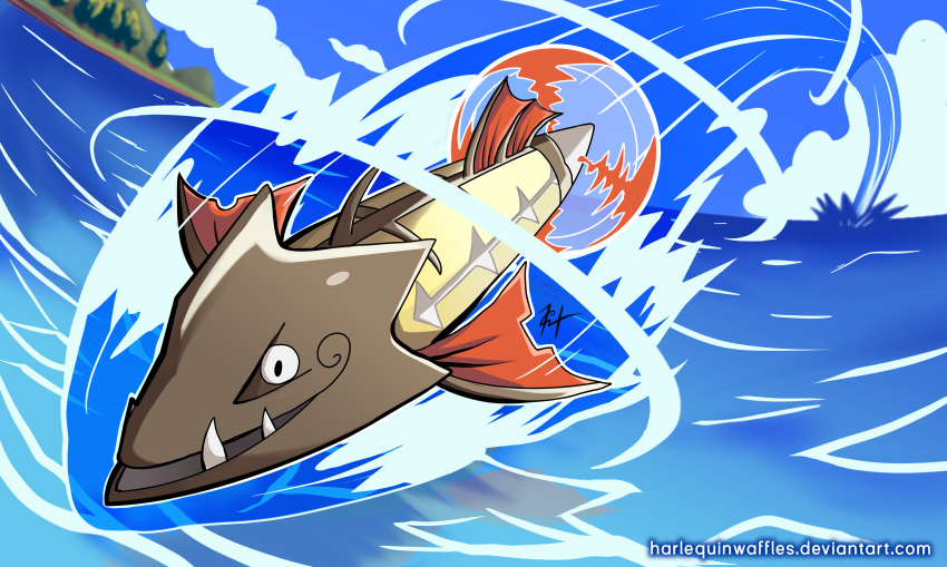 absurdres barraskewda blue_sky clouds cloudy_sky commentary deviantart_username english_commentary fangs fish gen_8_pokemon harlequinwaffles highres jumping no_humans ocean outdoors pokemon pokemon_(creature) signature sky smile speed_lines tree water watermark web_address