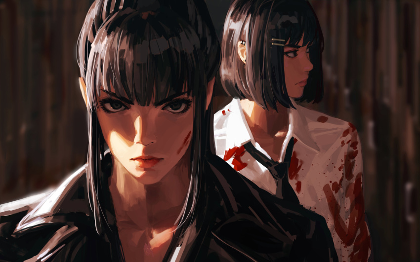 2girls absurdres bangs black_eyes black_hair black_jacket blood blood_on_face bloody_clothes blunt_bangs blurry blurry_background close-up closed_mouth dress_shirt face guweiz hair_ornament hairclip highres jacket lips long_hair looking_at_viewer looking_to_the_side multiple_girls necktie original shirt short_hair