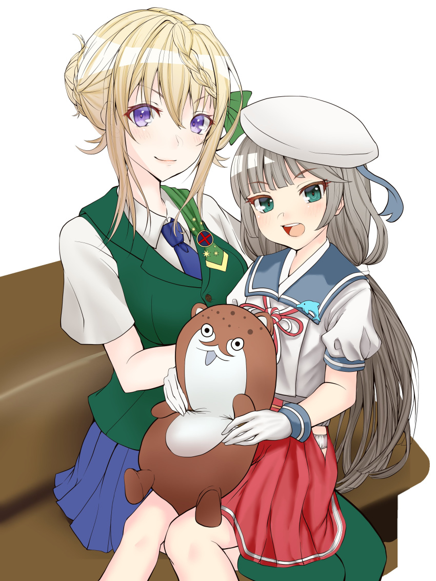 2girls absurdres badge blonde_hair blue_neckwear blue_sailor_collar blue_skirt bokukawauso braid braided_bangs braided_bun cape dress_shirt gloves green_cape green_eyes green_vest grey_hair hat highres hip_vent kantai_collection long_hair looking_at_viewer low_twintails mikura_(kantai_collection) multiple_girls necktie panties perth_(kantai_collection) pleated_skirt puffy_short_sleeves puffy_sleeves red_skirt sailor_collar sailor_hat sailor_shirt school_uniform seiyuu_connection shirt short_hair short_sleeves simple_background sitting sitting_on_lap sitting_on_person skirt stuffed_animal stuffed_otter stuffed_toy twintails uchida_shuu underwear vest white_background white_gloves white_panties white_shirt world_war_ii yunoji_yusuke