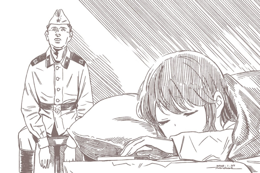 bed_sheet boots brown_theme closed_eyes dated horikou long_sleeves lying military military_jacket military_uniform monochrome on_stomach parted_lips pillow real_life shima_rin signature sitting sleeping sleeping_upright soldier soviet soviet_union under_covers uniform yurucamp