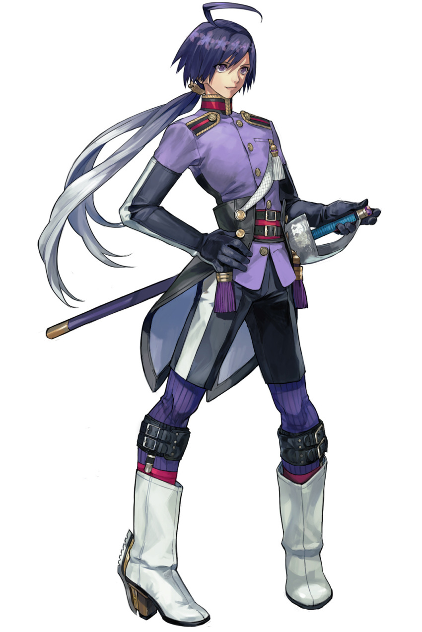 1boy ahoge black_gloves boots buttons elbow_gloves full_body gloves gradient_hair grey_hair hand_on_hilt hand_on_hip high_heel_boots high_heels highres long_hair low_ponytail making-of_available male_focus military military_uniform multicolored_hair nishihara_isao original purple_hair sheath sheathed shorts smile sock_garters solo standing striped striped_legwear sword tassel uniform vertical-striped_legwear vertical_stripes violet_eyes weapon white_footwear