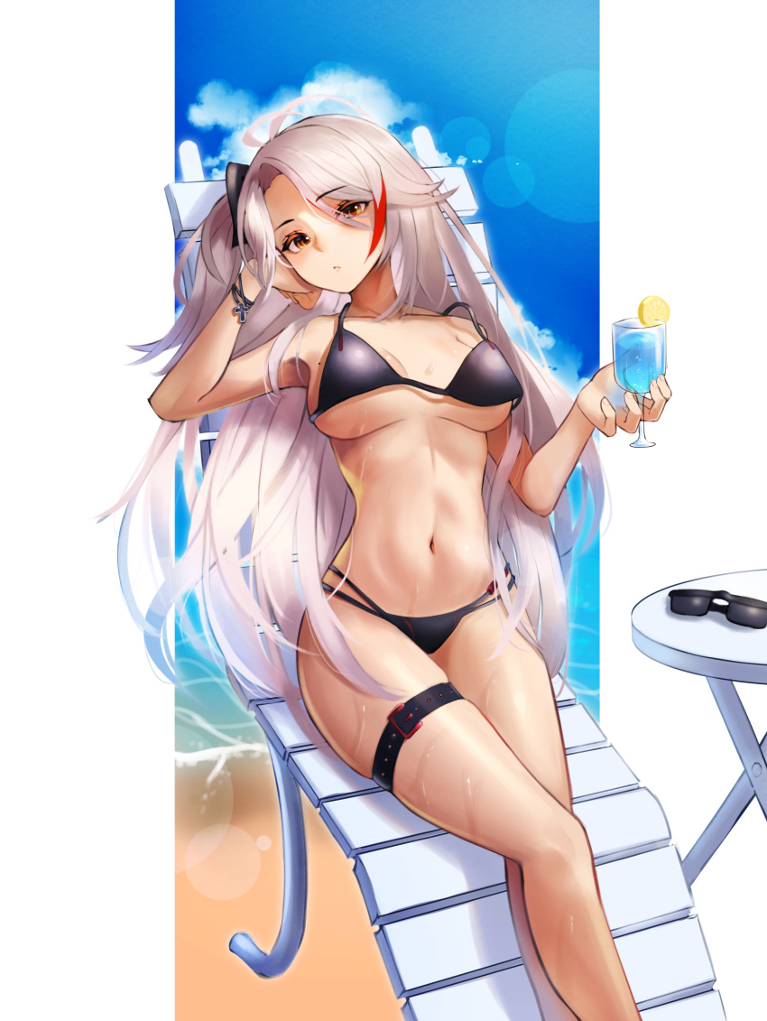 1girl absurdres antenna_hair azur_lane beach beach_chair bikini black_bikini breasts breasts_apart brown_eyes cup drinking_glass english_commentary eyebrows_visible_through_hair eyewear_removed hair_between_eyes highres holding holding_cup large_breasts long_hair looking_at_viewer lordol multicolored_hair navel ocean prinz_eugen_(azur_lane) prinz_eugen_(unfading_smile)_(azur_lane) redhead silver_hair sitting solo streaked_hair sunglasses swimsuit table thigh_strap very_long_hair