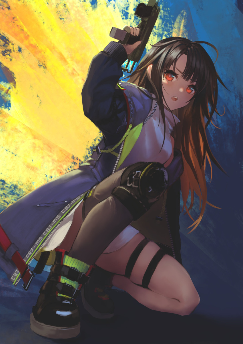 1girl absurdres ahoge black_hair black_legwear c-ms_(girls_frontline) cbj-ms coat dress girls_frontline gun hara_shoutarou highres holding holding_gun holding_weapon long_hair long_sleeves mole mole_under_eye multicolored_coat open_mouth red_eyes single_knee_pad single_thighhigh solo squatting thigh-highs thigh_strap turtleneck turtleneck_dress weapon white_dress zipper