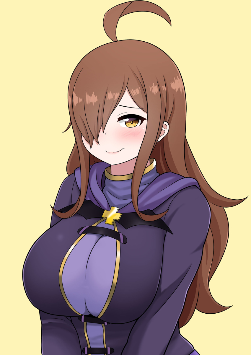 1girl absurdres ahoge blush breasts brown_hair cross hair_over_one_eye highres kono_subarashii_sekai_ni_shukufuku_wo! large_breasts long_hair looking_at_viewer robe simple_background smile the_only_shoe wiz_(konosuba) yellow_eyes