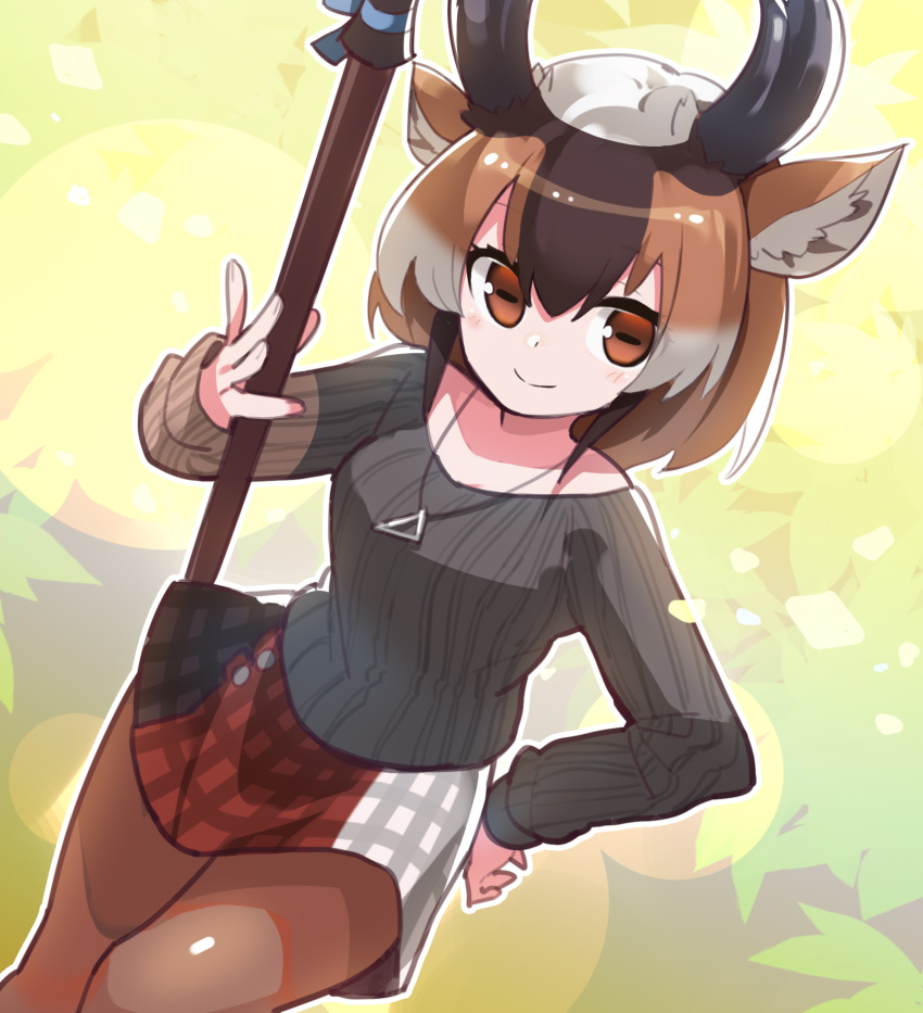 1girl alternate_costume animal_ears bangs baniran_dorosu black_horns black_sweater brown_eyes brown_hair brown_legwear casual closed_mouth contemporary dutch_angle grey_hair hair_between_eyes hand_on_hip hand_up highres holding holding_weapon horizontal_pupils horns jewelry kemono_friends long_sleeves looking_at_viewer medium_hair miniskirt multicolored multicolored_clothes multicolored_hair multicolored_skirt pantyhose parted_bangs pendant plaid plaid_skirt polearm pronghorn_(kemono_friends) skirt smile solo sweater weapon white_hair