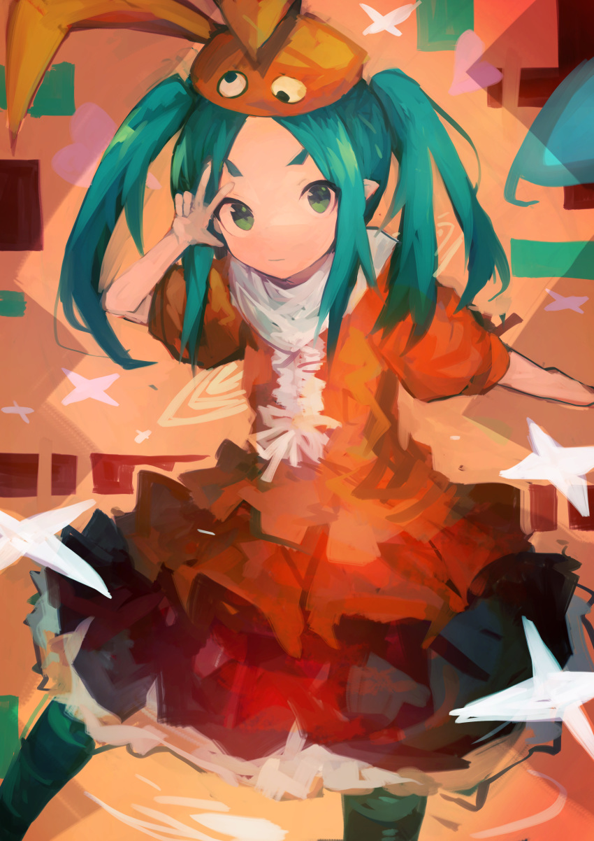 1girl absurdres aqua_hair dress frilled_dress frills green_eyes hat heart highres kaamin_(mariarose753) light_smile long_hair looking_at_viewer monogatari_(series) ononoki_yotsugi orange_dress orange_headwear sidelocks solo star_(symbol) striped striped_legwear twintails two-tone_legwear v